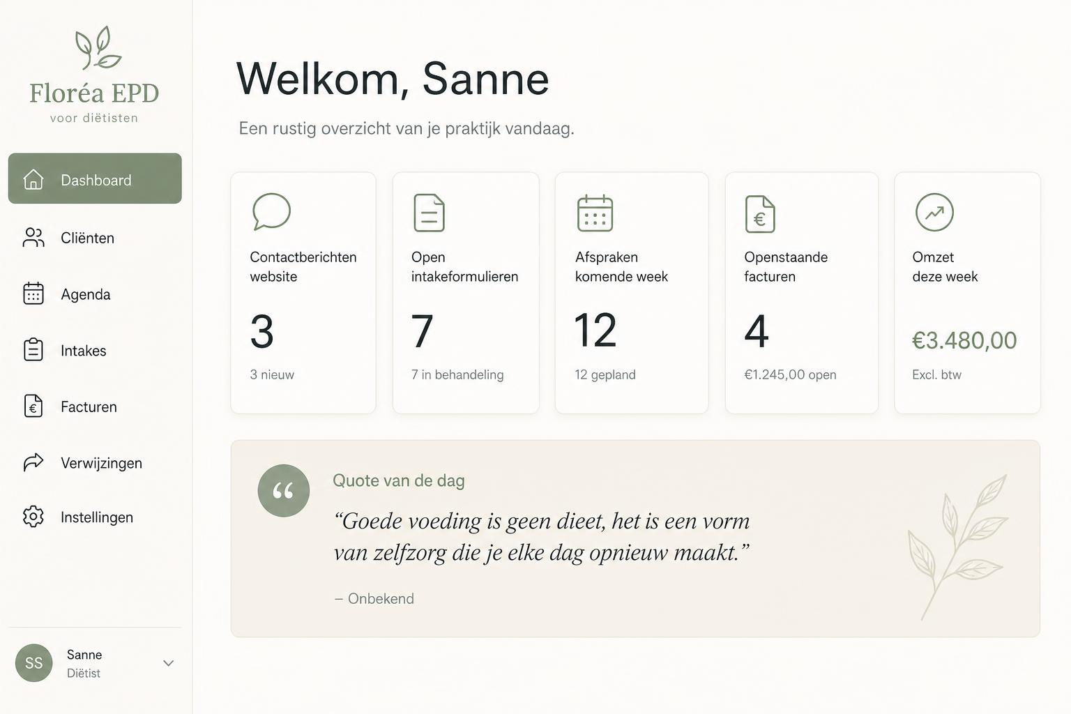 Een rustig overzicht van je praktijk.